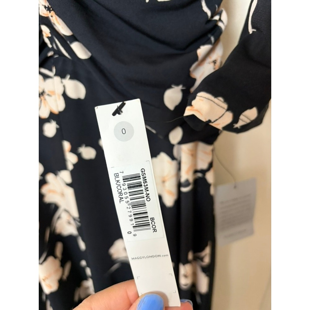 Maggy London Floral Ruched Midi Dress Black Coral Size 0 NEW - Picture 5 of 7